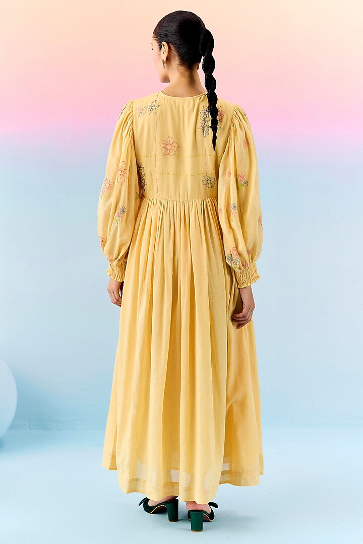 Butter Yellow Organic Fabric Embroidered Vacation Dress by Uri by Mrunalini Rao at Pernia's Pop Up Shop