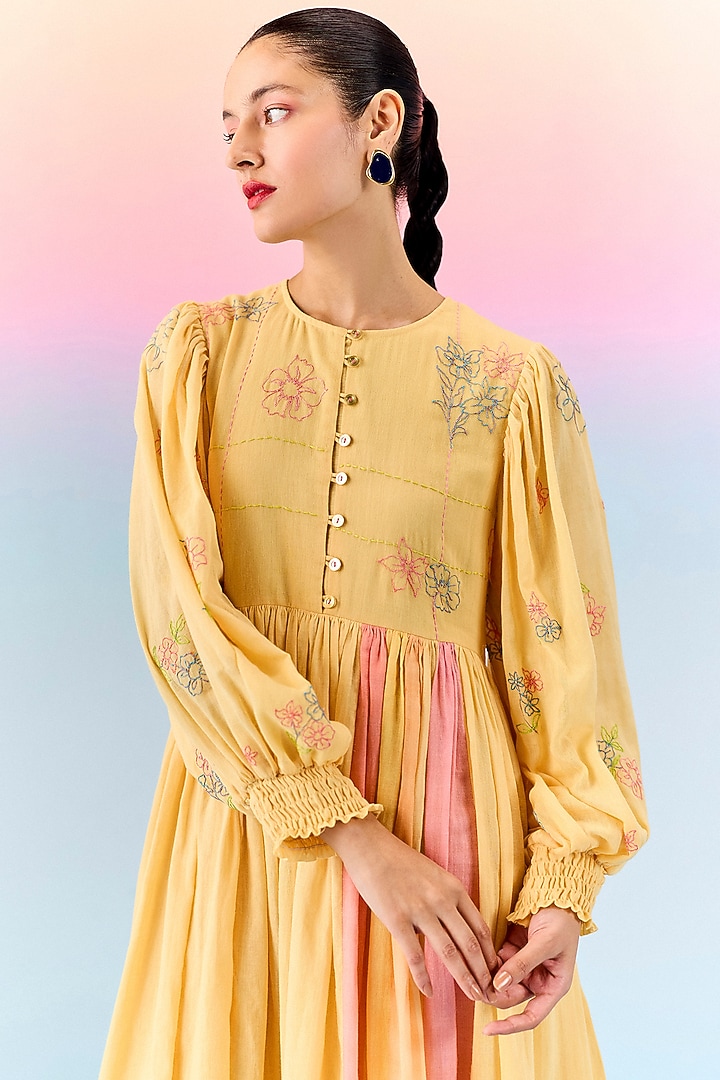 Butter Yellow Organic Fabric Embroidered Vacation Dress by Uri by Mrunalini Rao at Pernia's Pop Up Shop