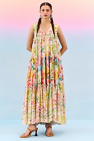 Multi-Colored Organic Fabric Tiered Dress by Uri by Mrunalini Rao