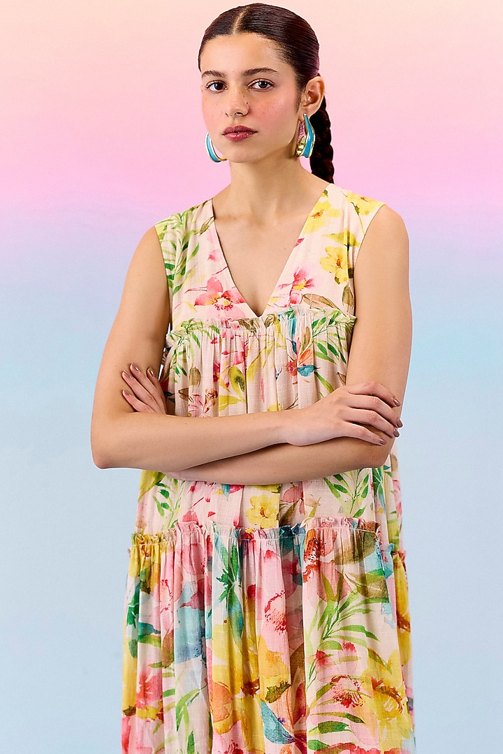 Multi-Colored Organic Fabric Tiered Vacation Dress by Uri by Mrunalini Rao at Pernia's Pop Up Shop