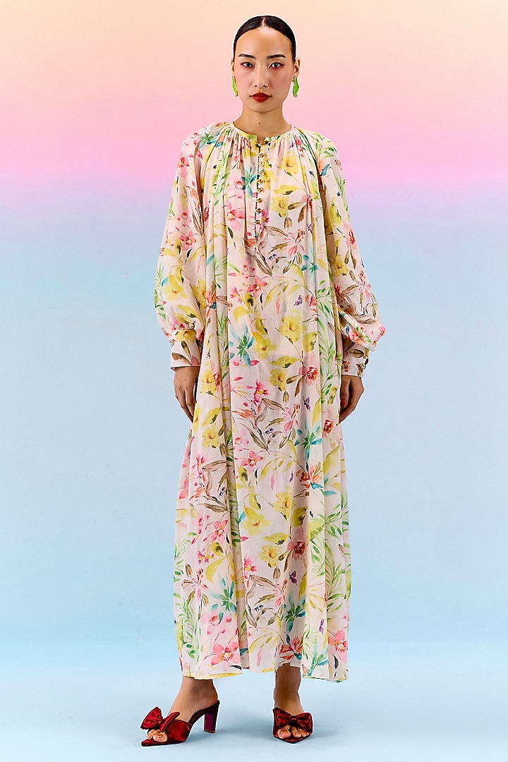 Multi-Colored Organic Fabric Printed Maxi Vacation Dress With Slip by Uri by Mrunalini Rao at Pernia's Pop Up Shop