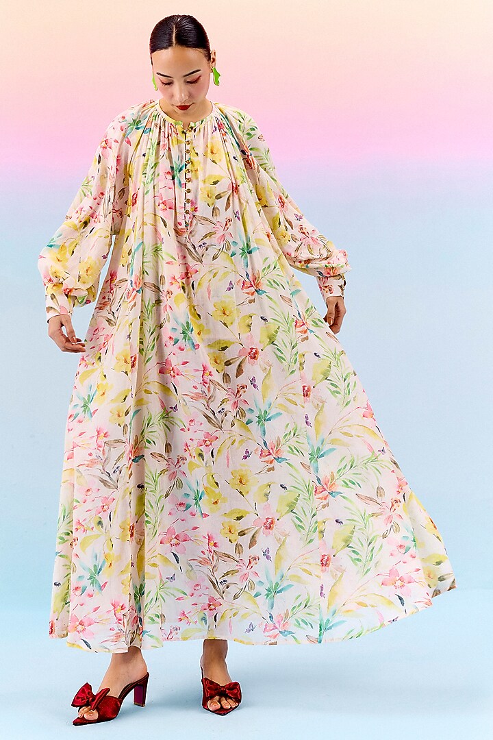 Multi-Colored Organic Fabric Printed Maxi Vacation Dress With Slip by Uri by Mrunalini Rao at Pernia's Pop Up Shop