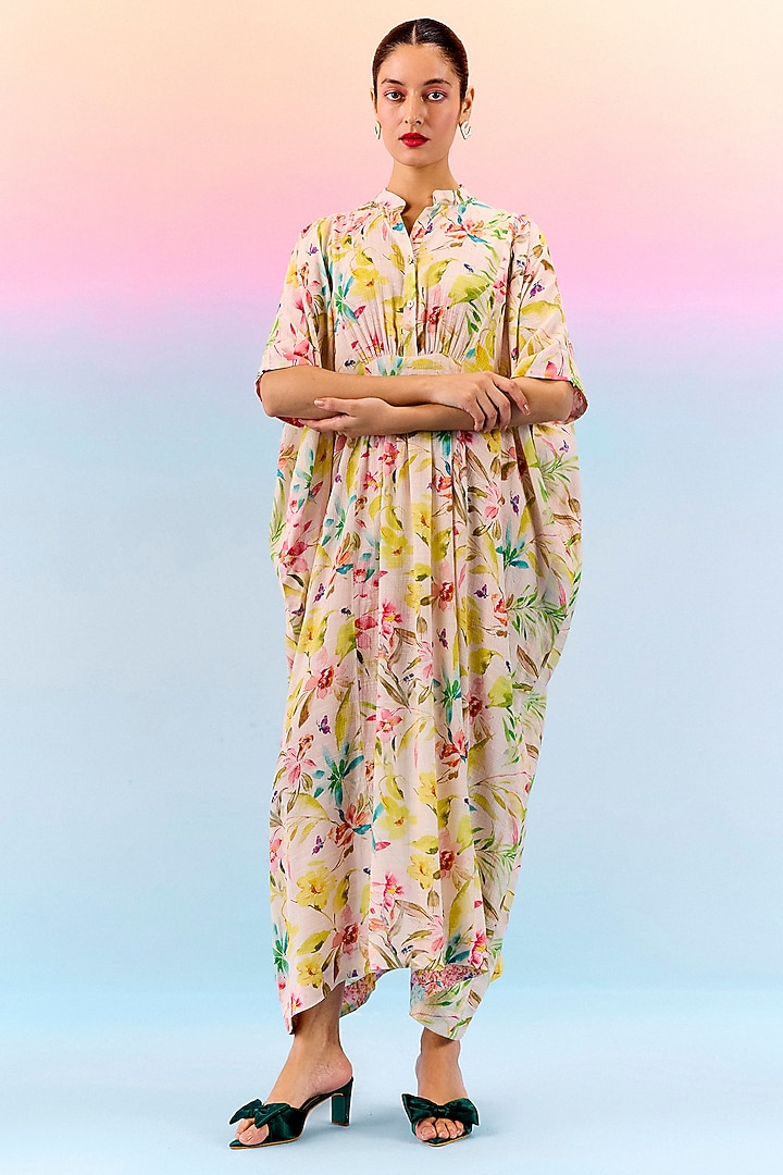 Multi-Colored Organic Fabric Gathered Kaftan by Uri by Mrunalini Rao at Pernia's Pop Up Shop