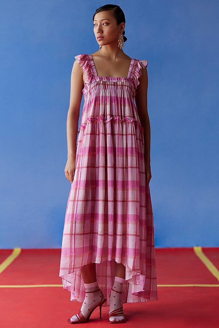 Pink Organic Fabric Checkered Midi Vacation Dress by Uri by Mrunalini Rao at Pernia's Pop Up Shop