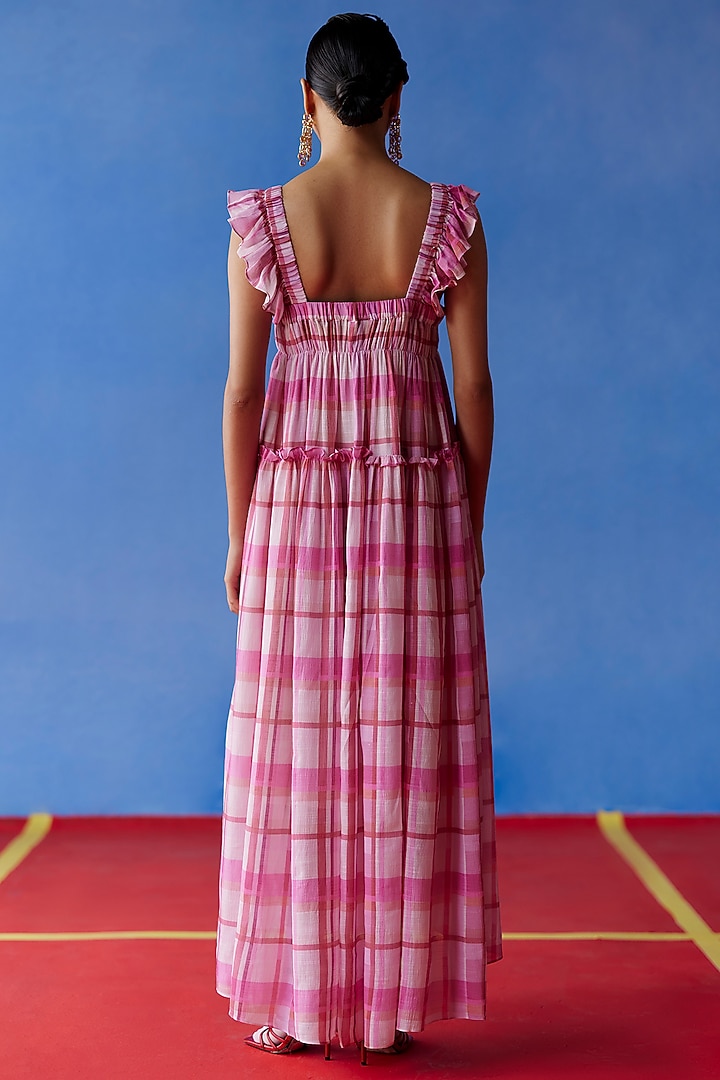 Pink Organic Fabric Checkered Midi Vacation Dress by Uri by Mrunalini Rao at Pernia's Pop Up Shop