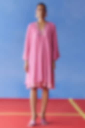 Pink Organic Fabric Embroidered Knee-Length Dress by Uri by Mrunalini Rao at Pernia's Pop Up Shop