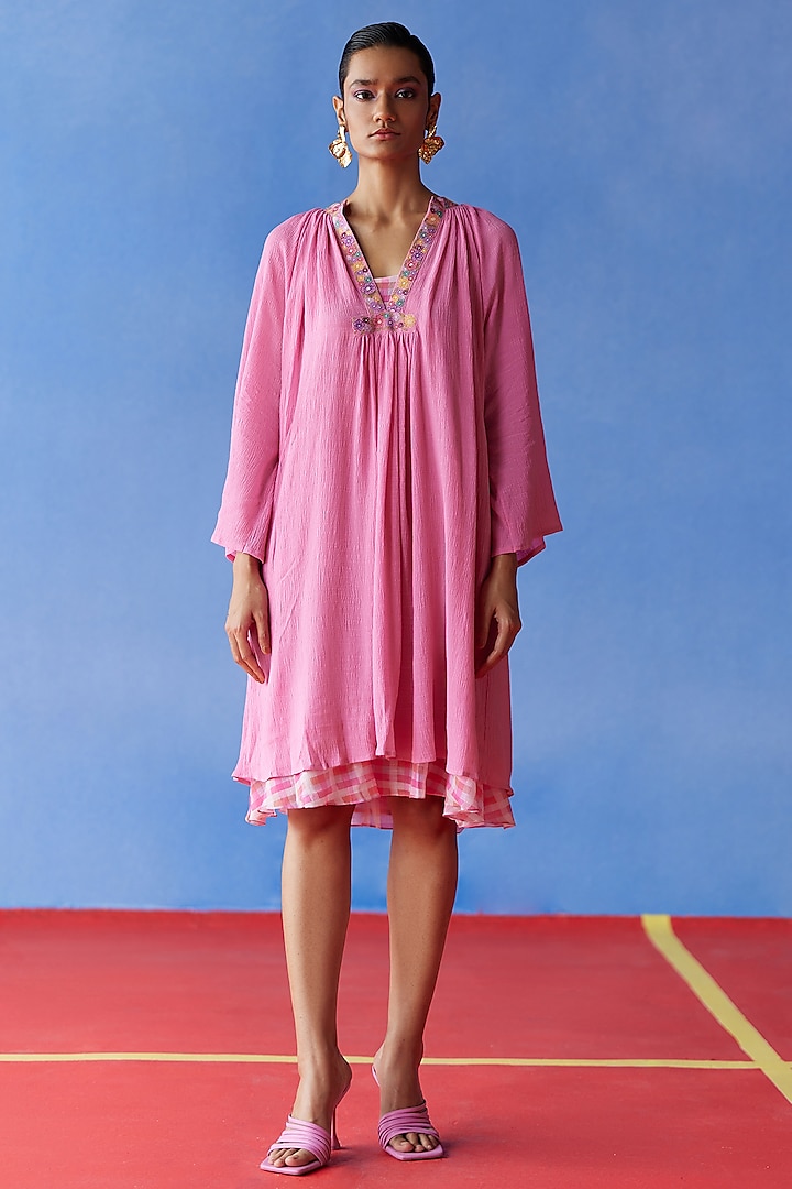 Pink Organic Fabric Embroidered Knee-Length Dress by Uri by Mrunalini Rao at Pernia's Pop Up Shop