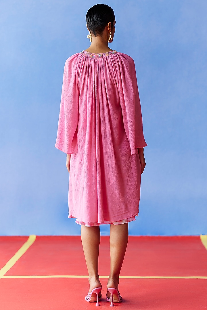 Pink Organic Fabric Embroidered Knee-Length Vacation Dress by Uri by Mrunalini Rao at Pernia's Pop Up Shop