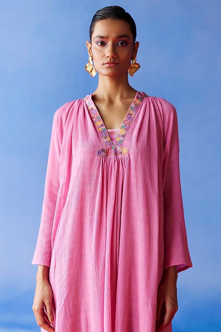 Pink Organic Fabric Embroidered Knee-Length Vacation Dress by Uri by Mrunalini Rao at Pernia's Pop Up Shop