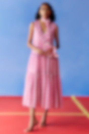 Pink Organic Fabric Tiered Midi Vacation Dress by Uri by Mrunalini Rao at Pernia's Pop Up Shop