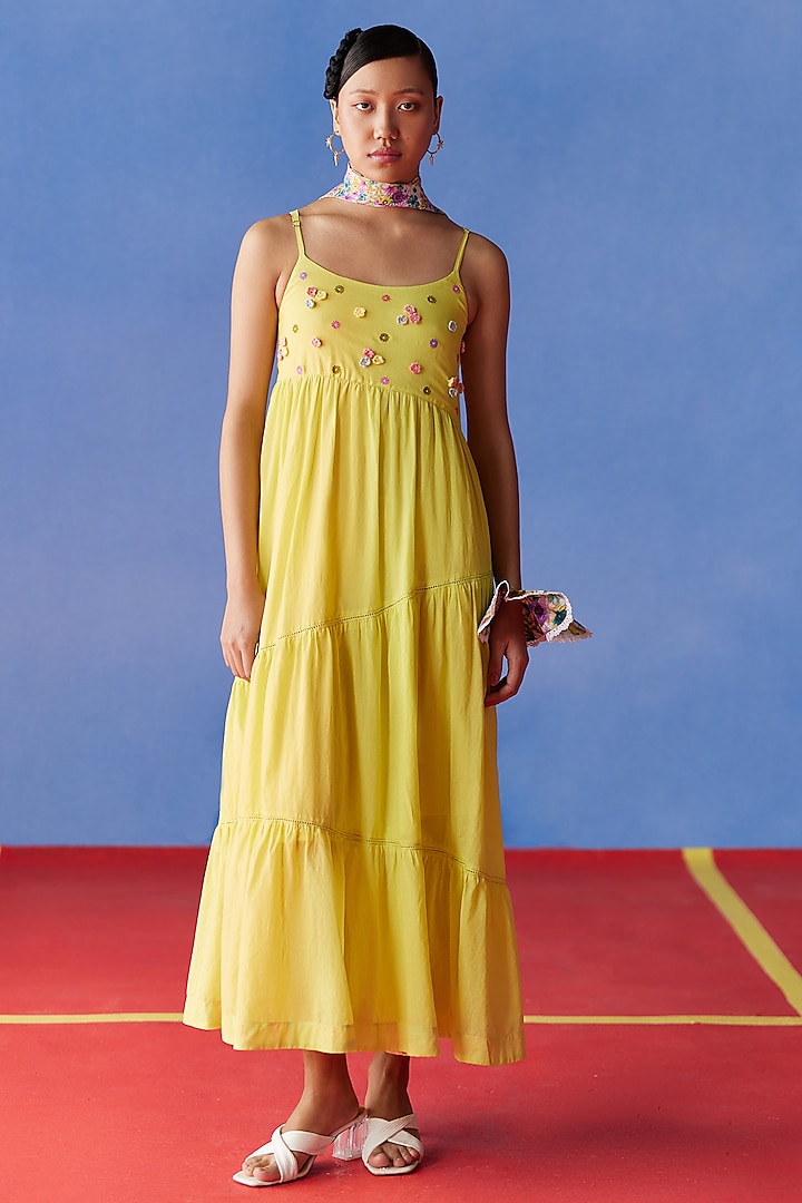 Lime Yellow Organic Fabric Embroidered Dress by Uri by Mrunalini Rao
