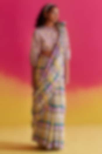Turquoise Organic Fabric Printed Saree Set by Uri by Mrunalini Rao