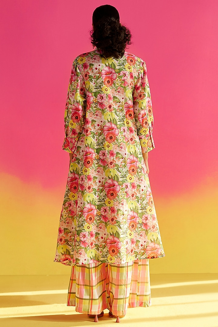 Multi-Colored Linen Printed & Embroidered Kurta Set by Uri by Mrunalini Rao at Pernia's Pop Up Shop