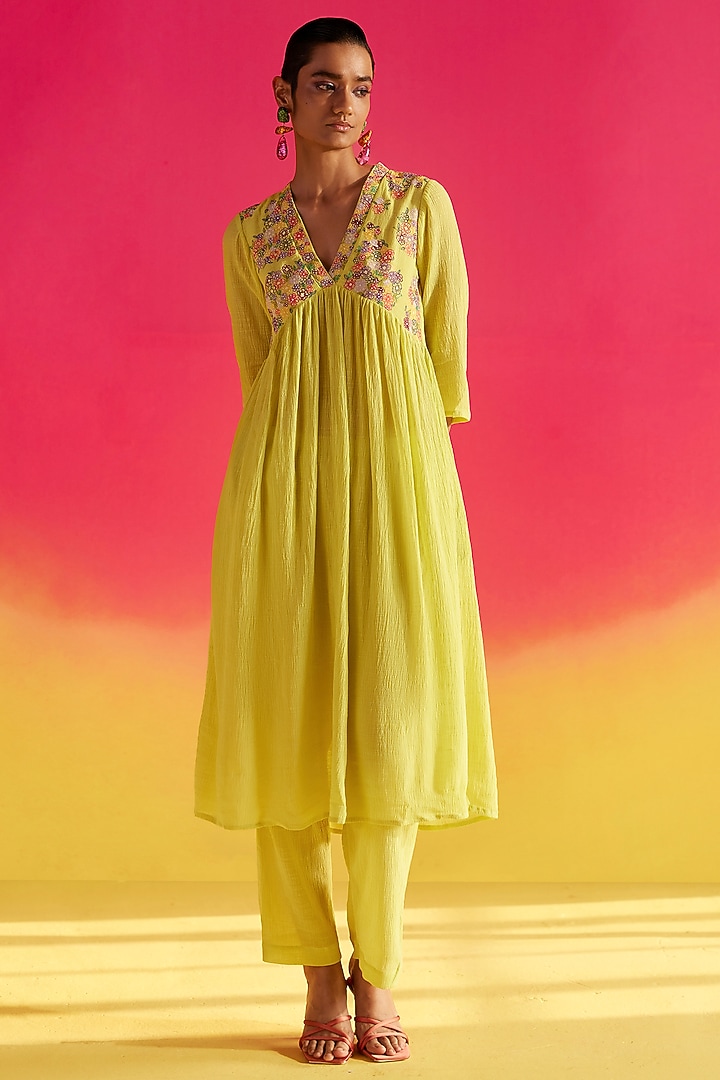 Yellow Organic Fabric Embroidered Kurta Set by Uri by Mrunalini Rao at Pernia's Pop Up Shop