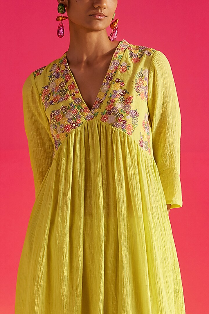 Yellow Organic Fabric Embroidered Kurta Set by Uri by Mrunalini Rao at Pernia's Pop Up Shop