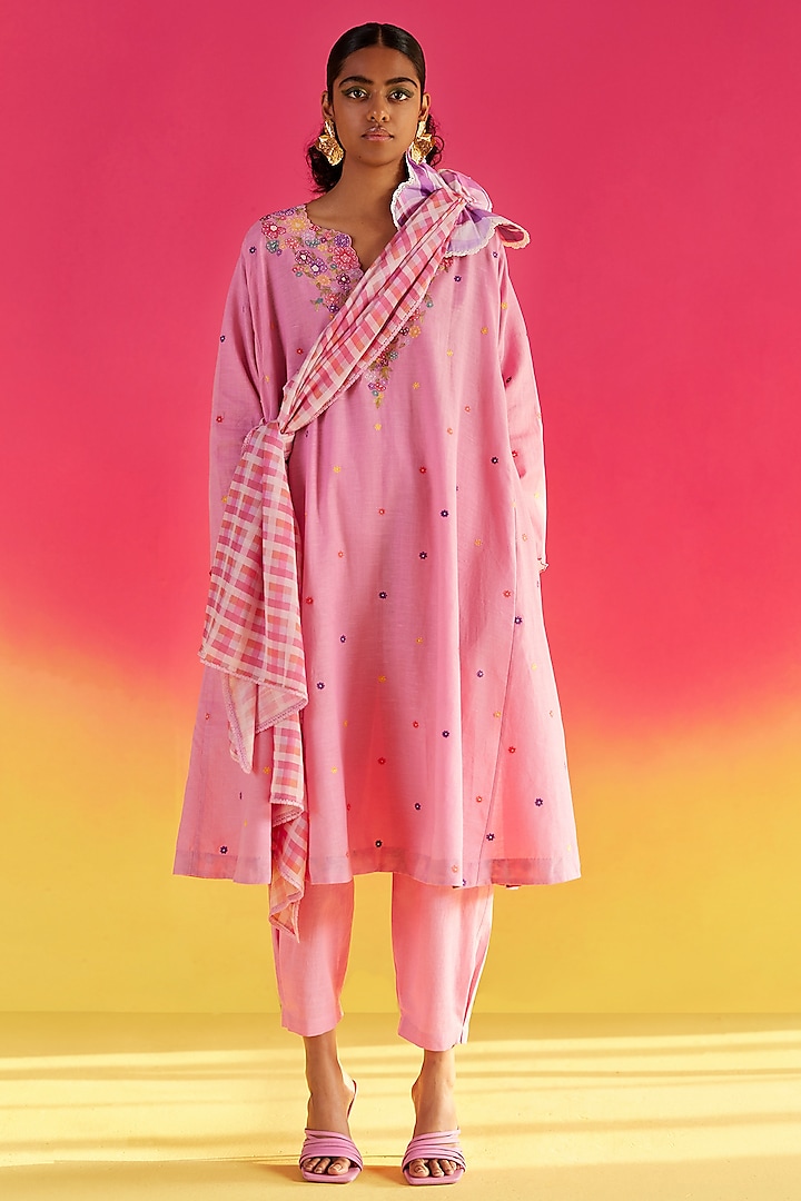 Pink Linen Embroidered A-Line Kurta Set by Uri by Mrunalini Rao