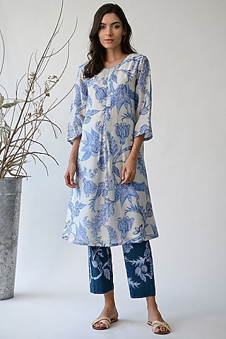 White & Blue Printed Tunic by Umbar By Payal Pratap