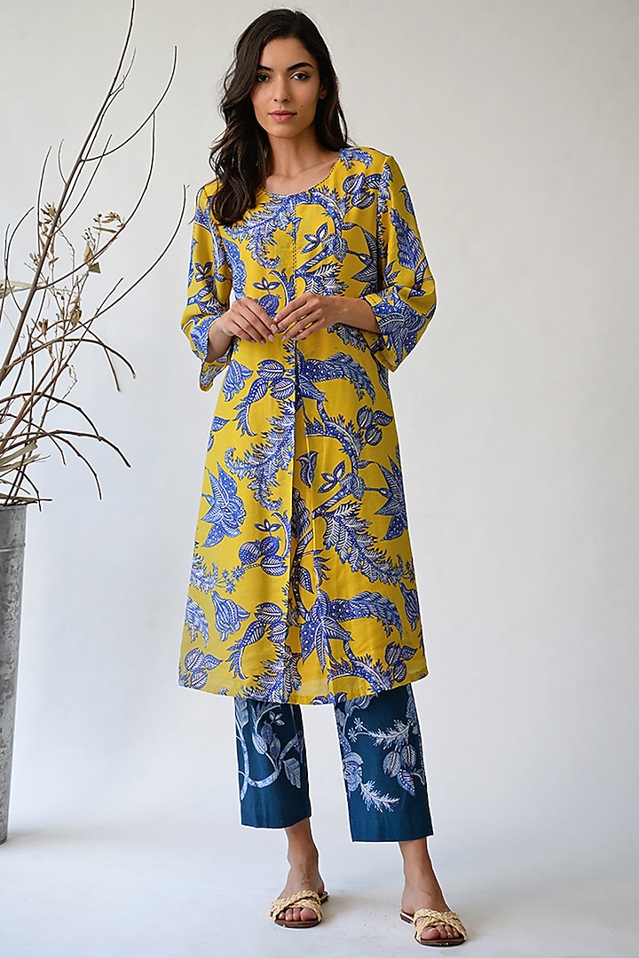 Ochre & Blue Printed Tunic by Umbar By Payal Pratap