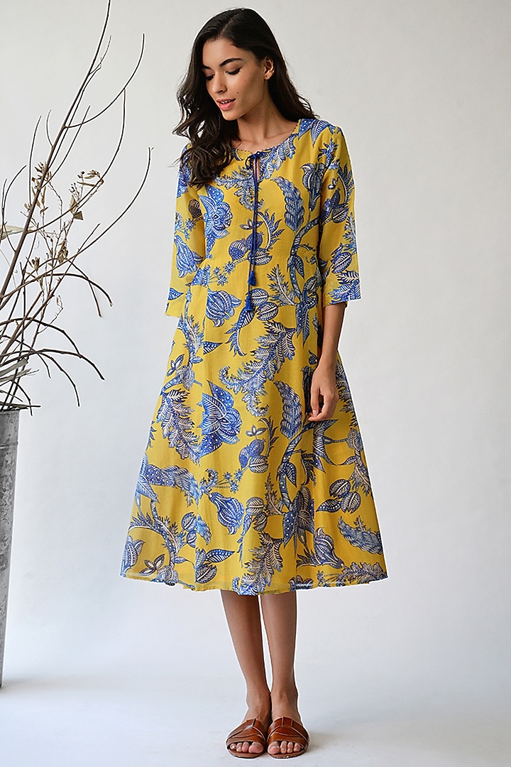 Ochre & Blue Printed Dress by Umbar By Payal Pratap