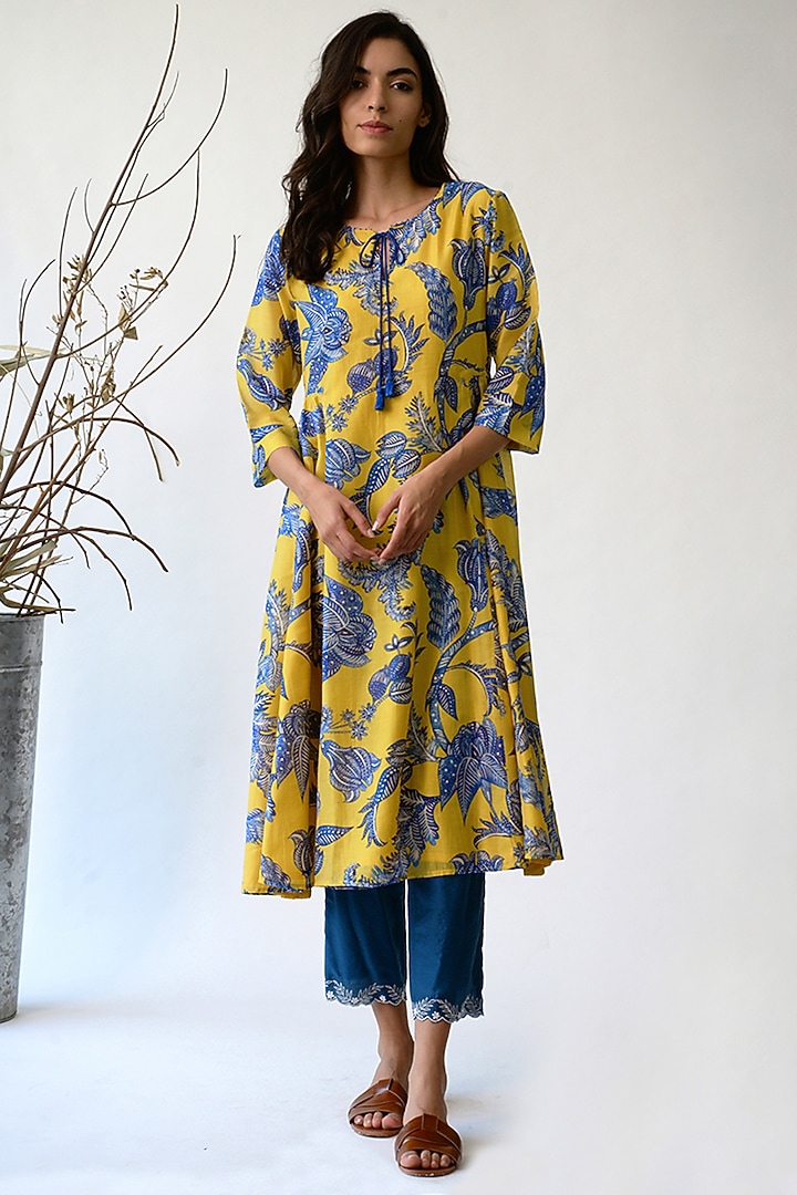 Ochre & Blue Printed Summer Dress by Umbar By Payal Pratap at Pernia's Pop Up Shop