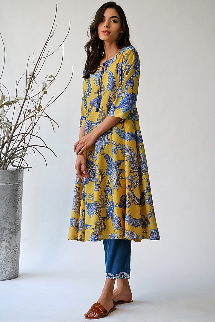 Ochre & Blue Printed Summer Dress by Umbar By Payal Pratap at Pernia's Pop Up Shop