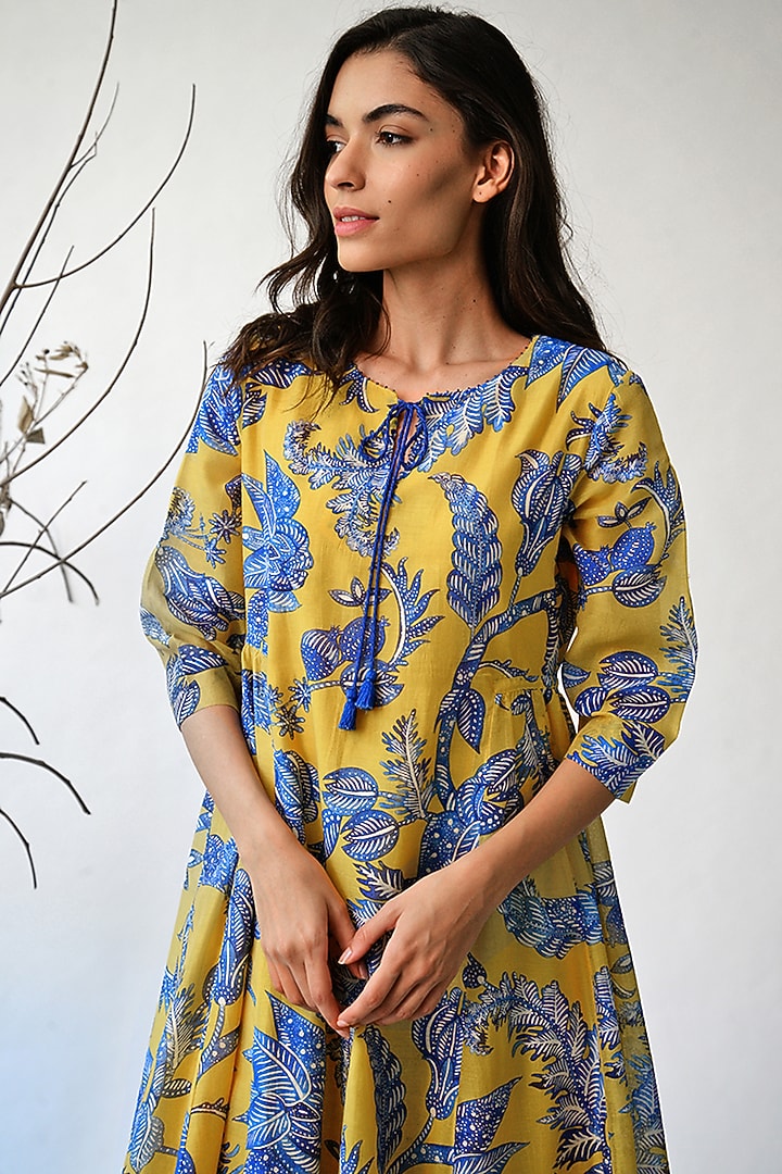 Ochre & Blue Printed Summer Dress by Umbar By Payal Pratap at Pernia's Pop Up Shop