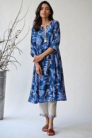 Cobalt Blue Printed Tunic by Umbar By Payal Pratap