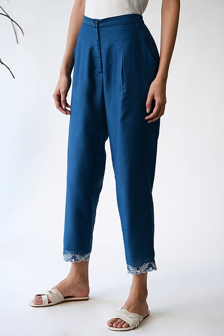 Blue Embroidered Pants by Umbar By Payal Pratap at Pernia's Pop Up Shop