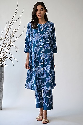 Cobalt Blue Printed Jacket Dress by Umbar By Payal Pratap