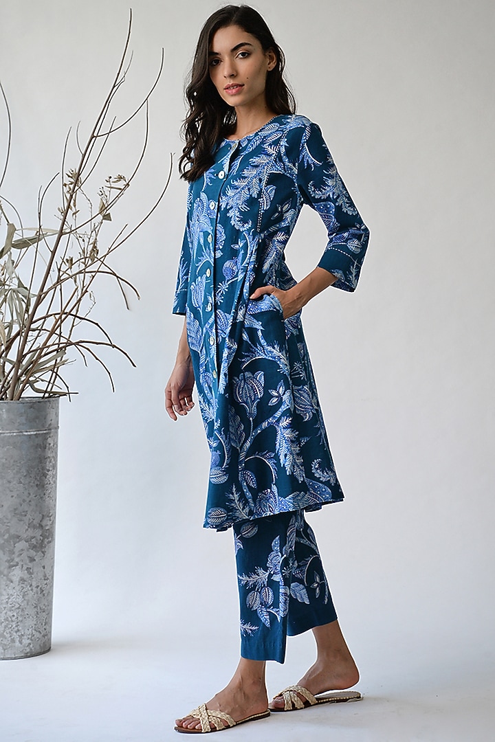 Cobalt Blue Printed Jacket Summer Dress by Umbar By Payal Pratap at Pernia's Pop Up Shop