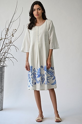 White Printed Cotton Dress by Umbar By Payal Pratap
