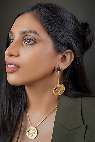 Gold Finish Lapis Lazuli Stone Dangler Earrings In Sterling Silver by URBANZAVERI