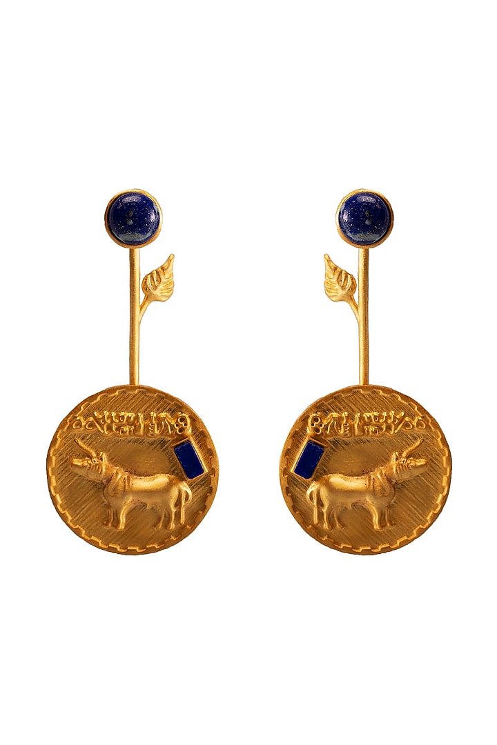 Gold Finish Lapis Lazuli Stone Dangler Earrings In Sterling Silver by URBANZAVERI at Pernia's Pop Up Shop