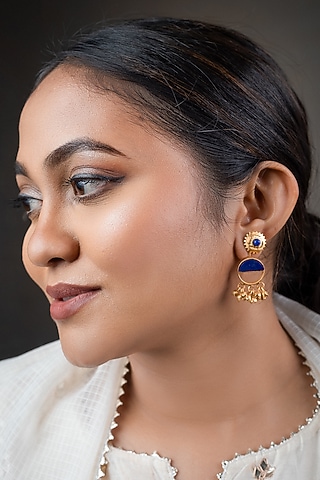 Gold Finish Semi-Precious Lapis Lazuli Stone Chandbali Earrings In Sterling Silver by URBANZAVERI