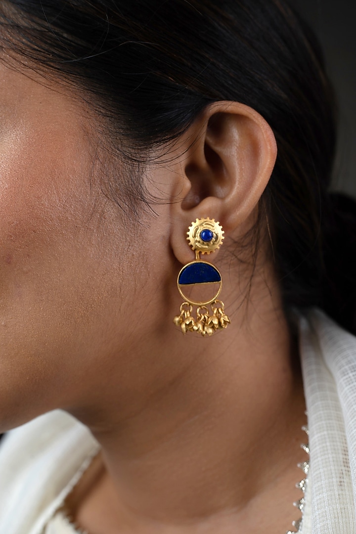 Gold Finish Semi-Precious Lapis Lazuli Stone Chandbali Earrings In Sterling Silver by URBANZAVERI at Pernia's Pop Up Shop
