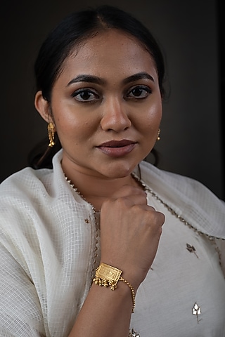 Gold Finish Indus Valley Script Bracelet In Sterling Silver by URBANZAVERI