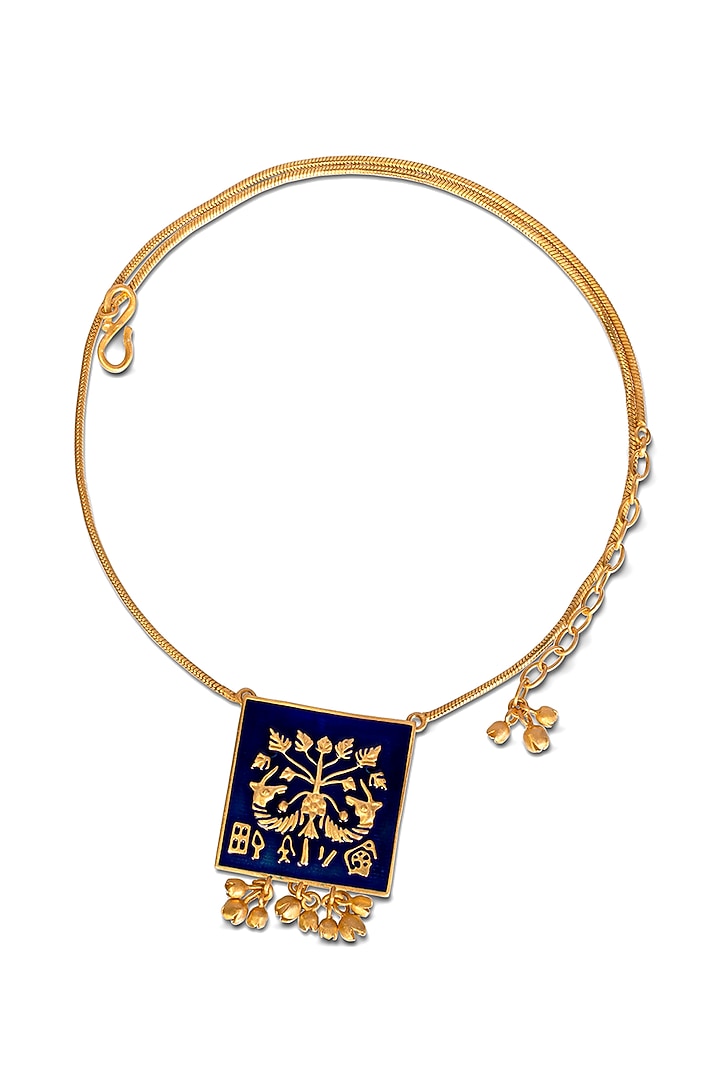 Gold Finish Peepal Seal Enameled Necklace In Sterling Silver by URBANZAVERI at Pernia's Pop Up Shop