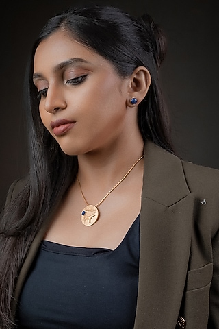 Gold Finish Semi-Precious Lapis Lazuli Pendant Necklace In Sterling Silver by URBANZAVERI