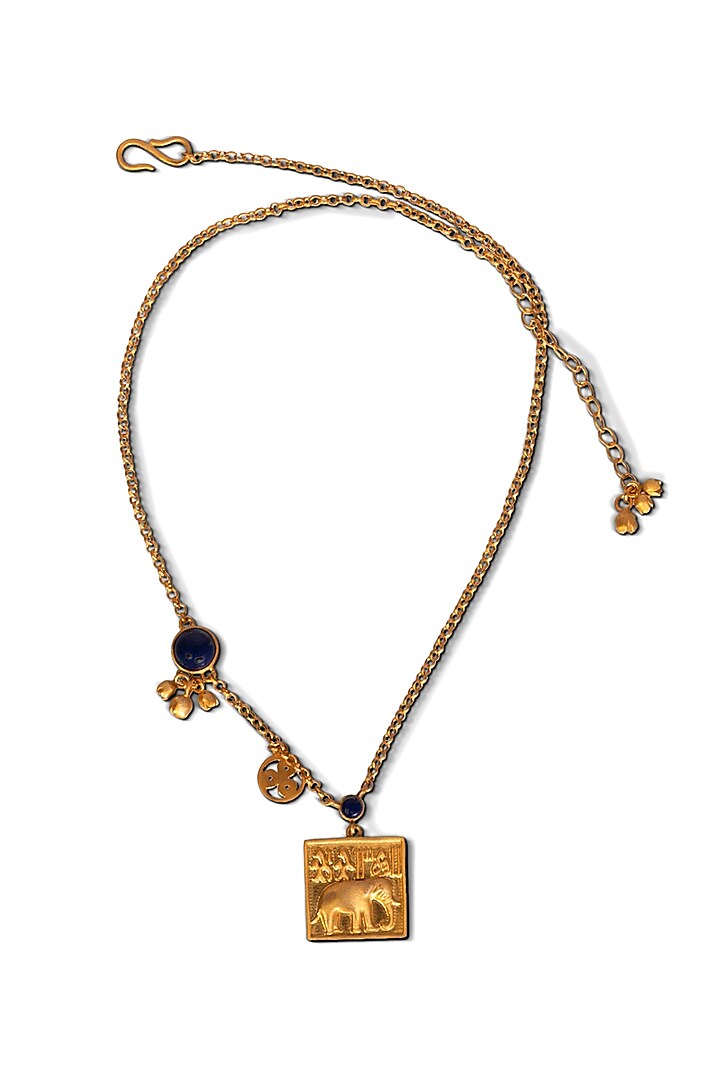 Gold Finish Semi-Precious Lapis Lazuli Charm Necklace In Sterling Silver by URBANZAVERI