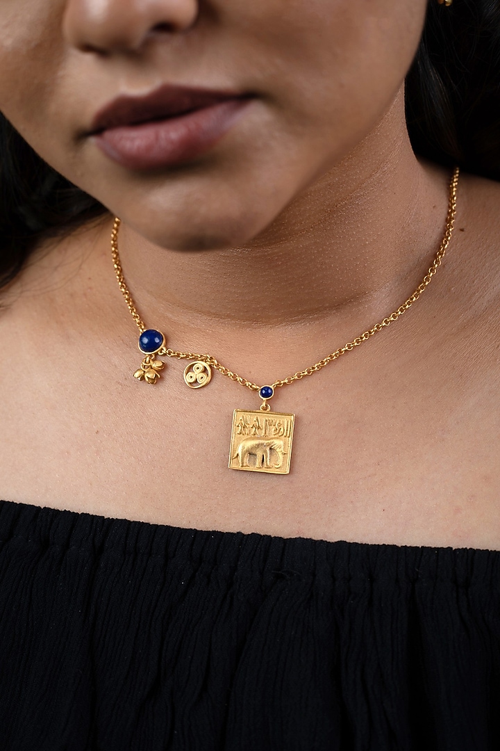 Gold Finish Semi-Precious Lapis Lazuli Charm Necklace In Sterling Silver by URBANZAVERI at Pernia's Pop Up Shop