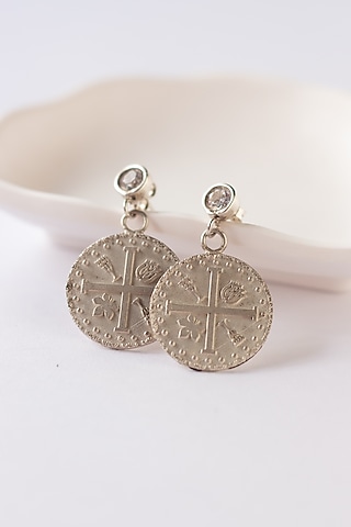White Finish Inscribed Stud Earrings In Sterling Silver by URBANZAVERI
