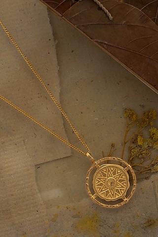 Gold Finish Inscribed Pendant Necklace In Sterling Silver by URBANZAVERI
