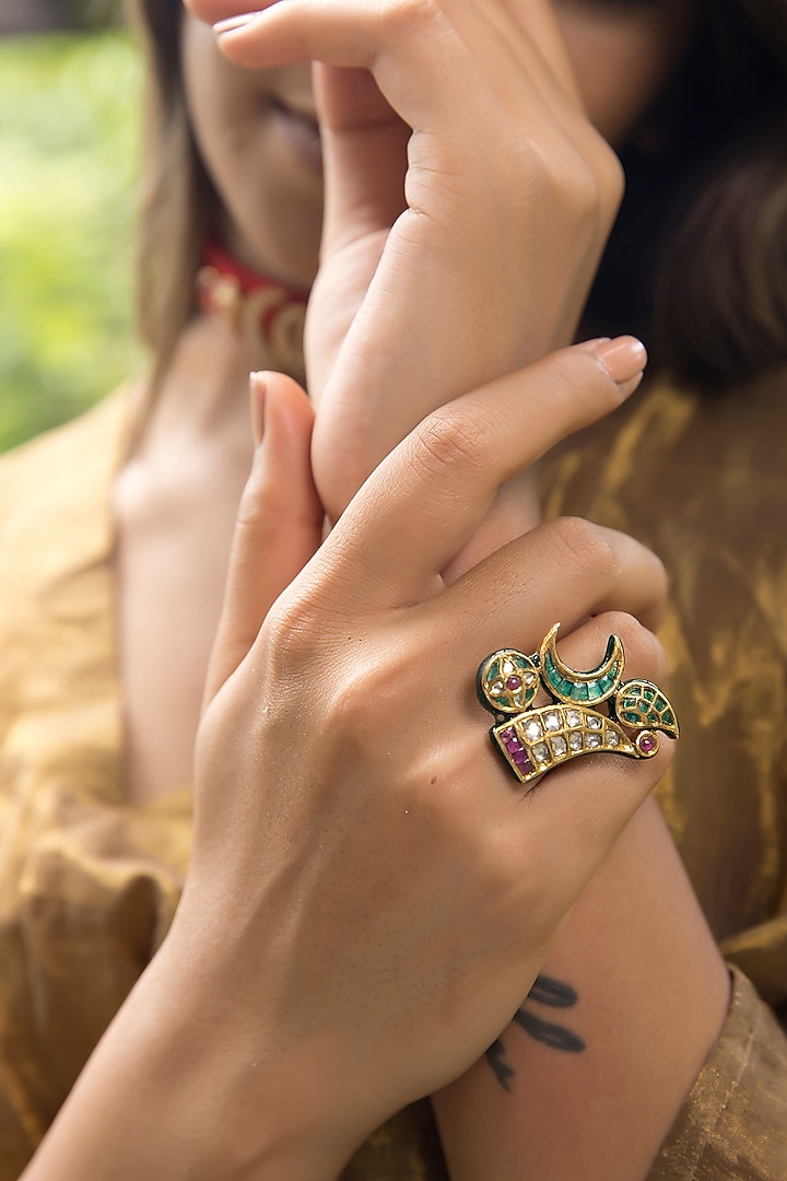 14kt Yellow Gold 24kt Natural Ruby & Emerald Polki Ring by UNCUT, by Aditi Amin at Pernia's Pop Up Shop