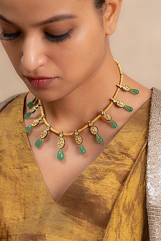 14kt Yellow Gold 24kt Natural Polki Diamond & Aventurine Stone Drop Necklace by UNCUT, by Aditi Amin