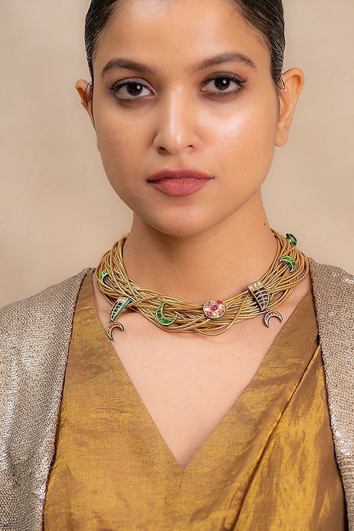 14kt Yellow Gold 24kt Natural Ruby & Emerald Polki Choker Necklace by UNCUT, by Aditi Amin
