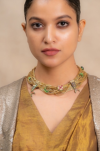 14kt Yellow Gold 24kt Natural Ruby & Emerald Polki Choker Necklace by UNCUT, by Aditi Amin
