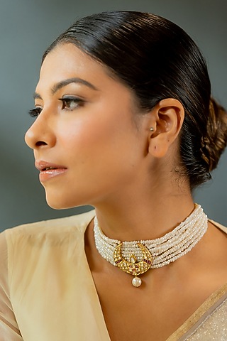 14kt Yellow Gold 24kt Natural Ruby & Pearl Drop Polki Crescent Choker Necklace by UNCUT, by Aditi Amin
