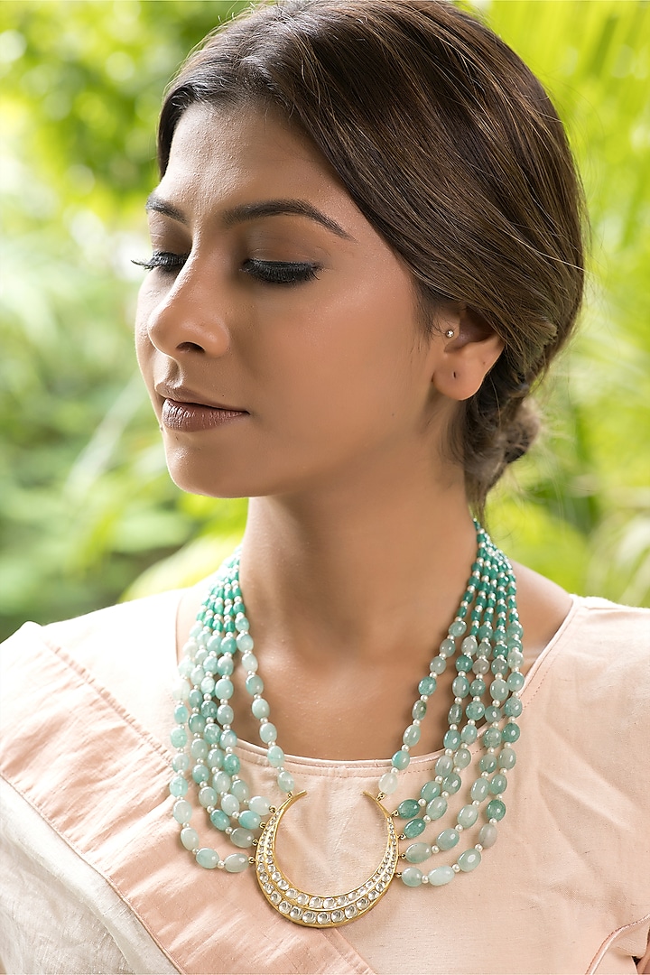 14Kt Yellow Gold 24kt Natural Polki Diamond & Ombre Freshwater Pearl Crescent Long Necklace by UNCUT, by Aditi Amin
