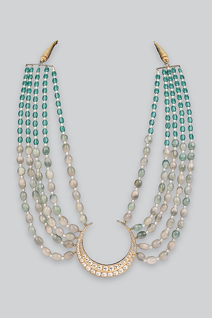 14Kt Yellow Gold 24kt Natural Polki Diamond & Ombre Freshwater Pearl Crescent Long Necklace by UNCUT, by Aditi Amin at Pernia's Pop Up Shop