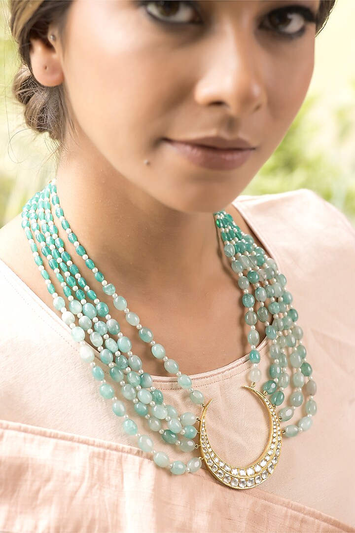 14Kt Yellow Gold 24kt Natural Polki Diamond & Ombre Freshwater Pearl Crescent Long Necklace by UNCUT, by Aditi Amin at Pernia's Pop Up Shop